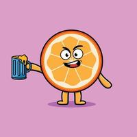 personnage de dessin animé de fruits orange avec verre à bière vecteur
