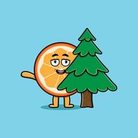 personnage de dessin animé mignon fruit orange cachant un arbre vecteur