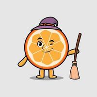 fruit orange en forme de sorcière de dessin animé avec manche à balai vecteur