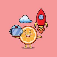 mascotte mignonne dessin animé fruit orange en tant qu'astronaute vecteur