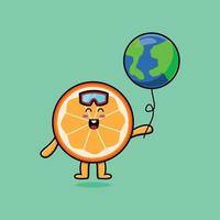 dessin animé orange fruit flottant avec ballon du monde vecteur