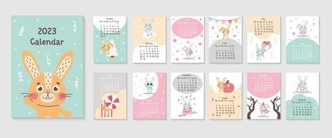 Conception de calendrier vertical 2023 avec le symbole de l'année chinoise de lapins mignons. 12 mois, début de semaine le lundi. taille du modèle de page a3, a4, a5. illustration vectorielle à plat, idéale pour les enfants, pépinière, affiche, imprimable. vecteur