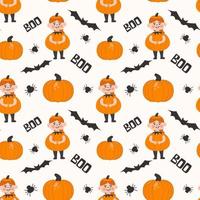 modèle sans couture de fête costumée pour enfants halloween. jolie fille au gingembre en costume de citrouille. illustration vectorielle vecteur