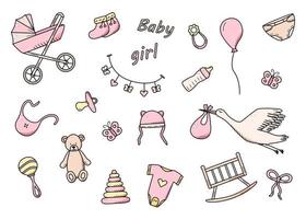 icônes nouveau-nés définies pour une petite fille. illustration vectorielle d'éléments pour un petit bébé. poussette, baby work, hochets et ours en peluche et bien plus encore vecteur