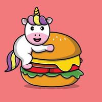 licorne mignonne avec illustration d'icône de vecteur de dessin animé de burger. concept d'icône d'aliments pour animaux isolé vecteur premium.