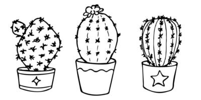 ensemble de cactus simples dessinés à la main mignons. plante d'intérieur dans un pot clipart. illustration de cactus. doodle maison confortable. vecteur