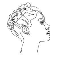 un dessin au trait, une seule ligne continue croquis femme visage floral féminin avec des fleurs vecteur