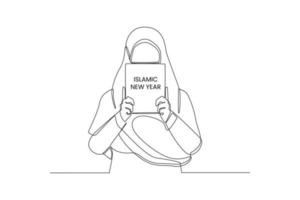 un dessin en ligne continu d'une femme musulmane tenant le livre du nouvel an islamique dans sa main. bonne année islamique. illustration graphique vectorielle de dessin à une seule ligne. vecteur