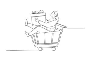 une ligne continue dessinant une jeune fille heureuse tenant un cadeau et assise sur le chariot au moment de la vente flash. concept de vente flash et de remise. illustration graphique vectorielle de dessin à une seule ligne. vecteur