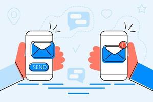 concept de notification mobile de message d'alerte. la main tient un smartphone avec notification par e-mail à l'écran. envoyer un message, illustrations vectorielles de rappel d'icône e-mail. vecteur