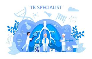 vecteur de concept de spécialiste de la tuberculose. fibrose pulmonaire, tuberculose, pneumonie illustration pour site web, application, bannière., appareil de radiographie de diagnostic pulmonaire. de minuscules médecins soignent, scannent les poumons.