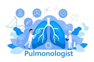 vecteur de concept de pneumologue. fibrose pulmonaire, illustration de la tuberculose. pneumonie, appareil de radiographie de diagnostic pulmonaire. de minuscules médecins soignent, scannent les poumons