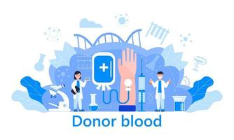 vecteur de concept de la journée mondiale du donneur de sang avec de minuscules médecins, don de sang, microscope, tubes. illustration médicale le 14 juin. c'est pour le site web, la page de destination, l'application