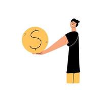 un homme tient une grande pièce d'un dollar d'or dans sa main. le concept de richesse, de succès. illustration vectorielle dans un style plat. vecteur