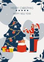 carte de Noël, invitation. l'homme embrasse la femme. la famille décore l'arbre le soir du nouvel an. illustration vectorielle dessinée à la main dans un style plat. bannière festive. vecteur
