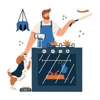 un blogueur culinaire filmant son téléphone pendant qu'il prépare de la nourriture. un homme avec un chien au poêle. illustration vectorielle dessinée à la main dans un style plat vecteur