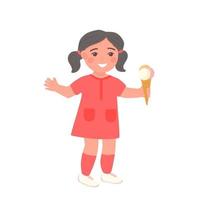 petite fille avec cône et trois boules d'illustration vectorielle de crème glacée. enfant en robe rouge souriant et appréciant de manger de la crème glacée. vecteur