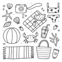 ensemble de doodles d'été - bikini féminin, sac en osier, serviette, crème solaire, ballon de plage, appareil photo, fruits, coquillages et autres. illustration vectorielle dessinée à la main. parfait pour les cartes, logo, décorations. vecteur