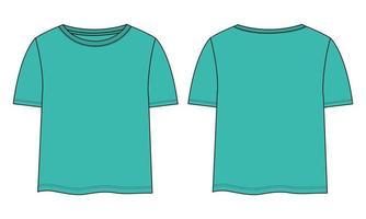 t shirt tops mode technique croquis plat vecteur modèle de couleur verte pour dames et bébés filles