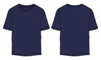t-shirt à manches courtes mode technique croquis plat illustration vectorielle modèle de couleur marine vues avant et arrière