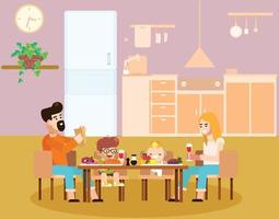 famille de dessin animé heureuse dîner ensemble à la maison