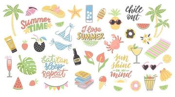 clipart d'été coloré serti de lettrage. décoration de vacances dessinée à la main. conception d'illustration vectorielle isolée avec des éléments d'été comme le maillot de bain, le crabe, les lunettes de soleil, les cocktails, le beignet, etc. vecteur