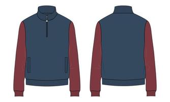 manches longues de couleur deux tons avec veste polaire zippée courte sweat-shirt mode technique croquis plat modèle d'illustration vectorielle avant, vues arrière vecteur