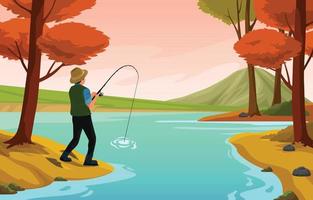 pêche au lac à l'arrière-plan de l'automne vecteur