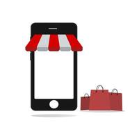 shopping en ligne sur smartphone avec sac à provisions. illustration vectorielle. vecteur