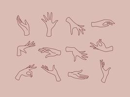 icônes mains dessinant dans un style plat sur fond marron rose vecteur