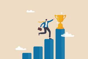 gagnant d'entreprise, réalisation ou prix, succès ou victoire, défi ou mission commerciale, objectif de carrière ou concept d'escalier vers le succès, homme d'affaires professionnel intensifie le graphique à barres croissant pour remporter le trophée. vecteur