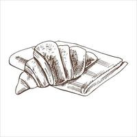 illustration vectorielle dessinée à la main de croissant. dessin de pain brun et blanc isolé sur fond blanc. icône de croquis et élément de boulangerie pour l'impression, le web, le mobile et l'infographie. vecteur