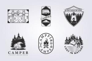 ensemble de badges de camping-car conception d'illustration vectorielle pour le logo, l'impression, l'habillement, la chemise, le patch, le tee, l'icône, l'étiquette. divers de l'icône de camp de collection bundle avec style vintage vecteur