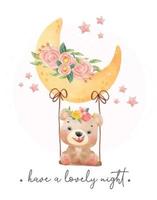 mignon adorable sourire heureux bébé ours en peluche assis sur le doux croissant floral de balançoire, douce nuit, pépinière dessin animé animal vecteur aquarelle dessiné à la main