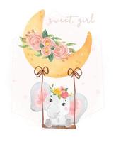 mignon doux bébé éléphant rose fille adorable sourire assis sur une balançoire de croissant de lune fleur, aquarelle animal dessin animé han illustration dessinée vecteur