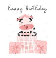 mignon bébé vache rose fille assise sur la boîte de cadeau d'anniversaire dessin animé dessiné à la main aquarelle ferme animal personnage illustration vecteur