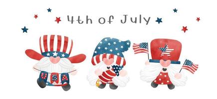 groupe de trois quatre du 4 juillet gnome patriotique amérique jour de l'indépendance dessin animé aquarelle illustration vecteur