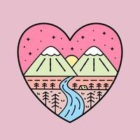 nature montagne et rivière en forme d'amour. conception pour t-shirt, trucs pour enfants, autocollant, etc. vecteur