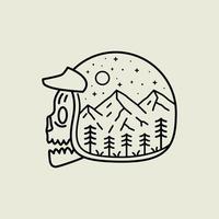 conception de tête de mort portant un casque avec un design de montagnes de la nature en dessin au trait mono, conception d'insigne de patch, conception d'emblème, conception de t-shirt vecteur