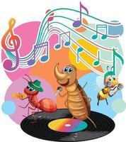 dessin animé de groupe de coléoptères avec symboles de mélodie musicale vecteur
