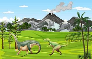 scène de la nature avec des arbres sur les montagnes avec dinosaure vecteur