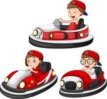 ensemble d'enfants différents conduisant des autos tamponneuses en style cartoon vecteur