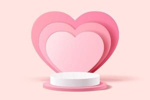 arrière-plan de la saint-valentin ou de la fête des mères, scène 3d abstraite rose pour la présentation du produit maquette, podium cylindrique et forme de coeur superposée pour le produit d'affichage vecteur