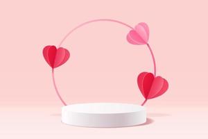 scène rose pastel 3d abstraite avec support de cylindre blanc pour afficher des produits décorés de coeurs découpés en papier rouge et rose vecteur