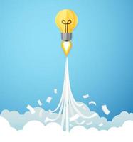 style d'art papier d'ampoule volant vers le ciel à travers les nuages, idée créative concept d'entreprise de démarrage vecteur