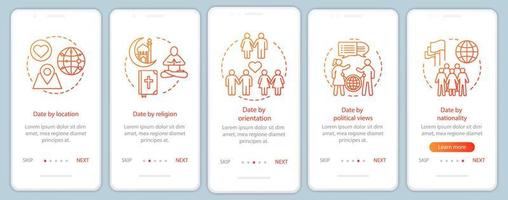 modèle vectoriel d'écran de page d'application mobile d'intégration de rencontres en ligne. date par lieu, religion, orientation, nationalité instructions du site Web avec illustrations linéaires. ux, ui, interface graphique pour smartphone