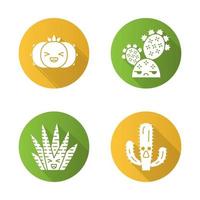 ensemble d'icônes de glyphe d'ombre longue à motif plat de cactus. plantes aux visages souriants. peyotl riant et cactus zèbres. cactus sauvages de figue de barbarie non amusés. plantes succulentes. illustration vectorielle silhouette vecteur