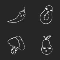 légumes et fruits ensemble de personnages de craie kawaii mignons. avocat, brocoli avec visage souriant. persévérer piment, poire sérieuse. emoji drôle, émoticône, sourire. illustration de tableau isolé de vecteur