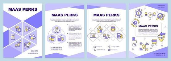 maas perks modèle de brochure violet. avantages pour les utilisateurs. conception de dépliant avec des icônes linéaires. 4 mises en page vectorielles modifiables pour la présentation, les rapports annuels.