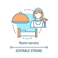 icône de concept de service de chambre. repas dans la chambre, illustration de la ligne mince de l'idée de nettoyage. servante, plateau de service avec couvercle, lit. équipements de l'hôtel, caractéristiques. dessin de contour isolé de vecteur. trait modifiable vecteur